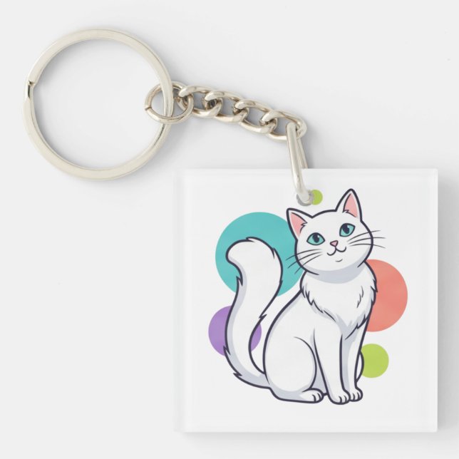 Cute White Cat Sitting Graphic Tee Keychain (Front)