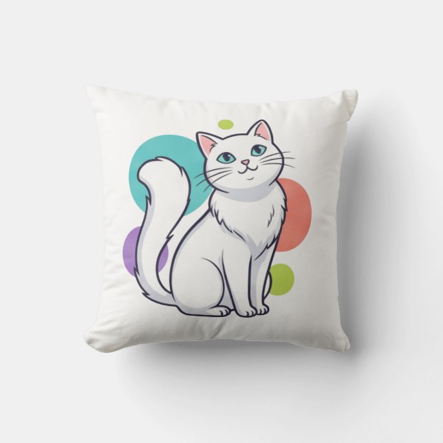 Cute White Cat Sitting Graphic Tee Throw Pillow (Front)
