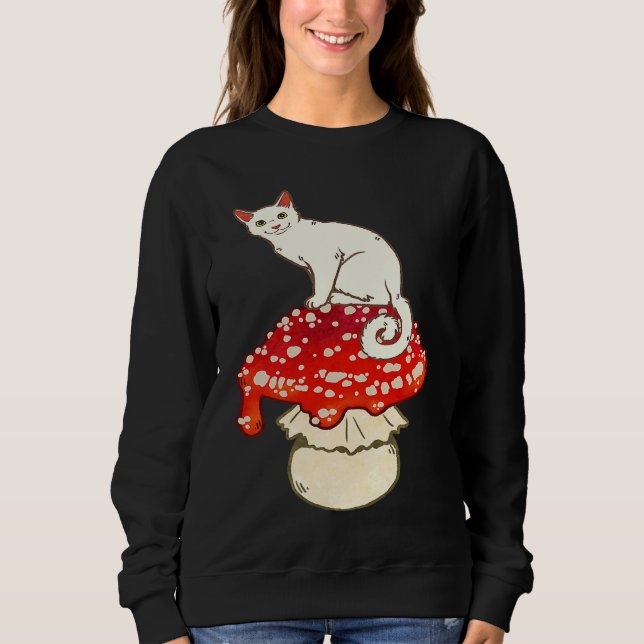 Cute White Cat Sitting on Red Spotted Mushroom Sweatshirt (Front)