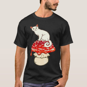 Cute White Cat Sitting on Red Spotted Mushroom T-Shirt