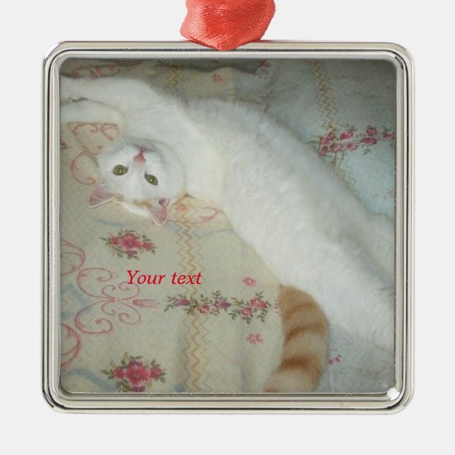 Cute white cat stretched out  metal ornament (Front)