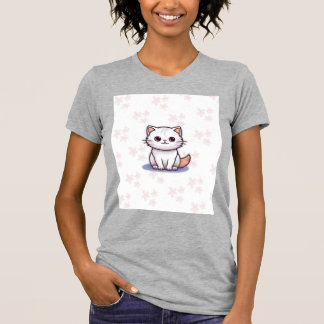 Cute White Cat T-Shirt – Pink Floral Design