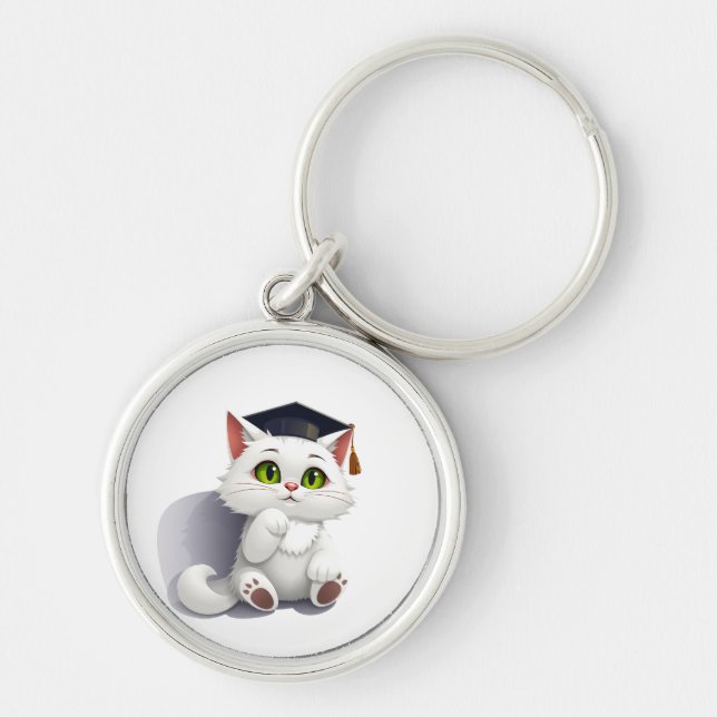 Cute white cat wearing a graduation cap keychain (Front)
