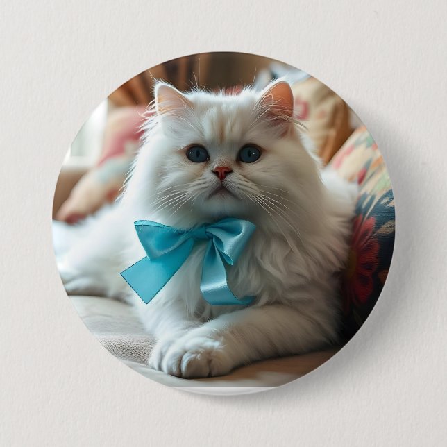Cute White Cat with Blue Bow Button (Front)