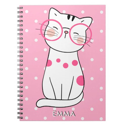 Cute white Cat with Eyeglasses  Polka Dot Pattern Notebook