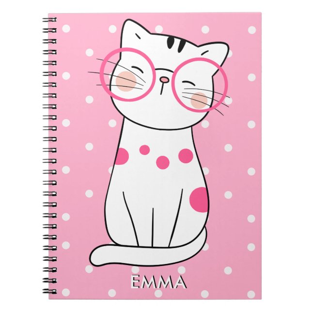 Cute white Cat with Eyeglasses & Polka Dot Pattern Notebook (Front)