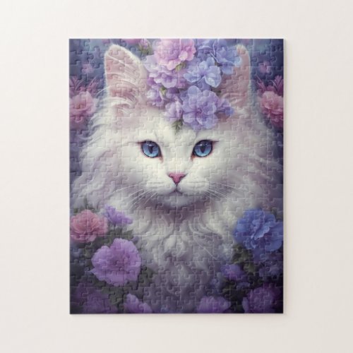 Cute White Cat with Flowers Fantasy Art Jigsaw Puzzle