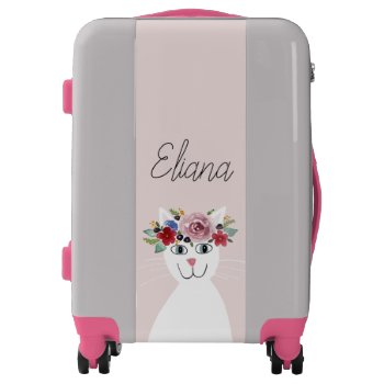 Cute White Cat With Flowers & Name Kids Luggage by Simply_Baby at Zazzle