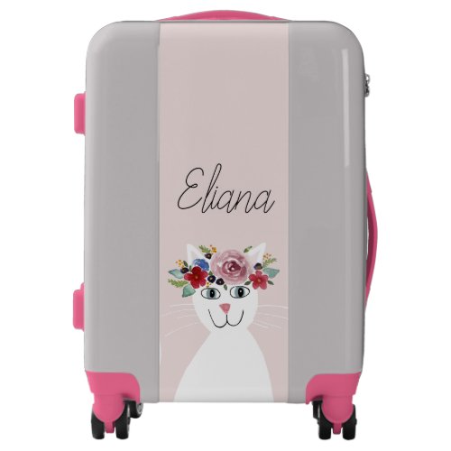 Cute White Cat with Flowers  Name Kids Luggage