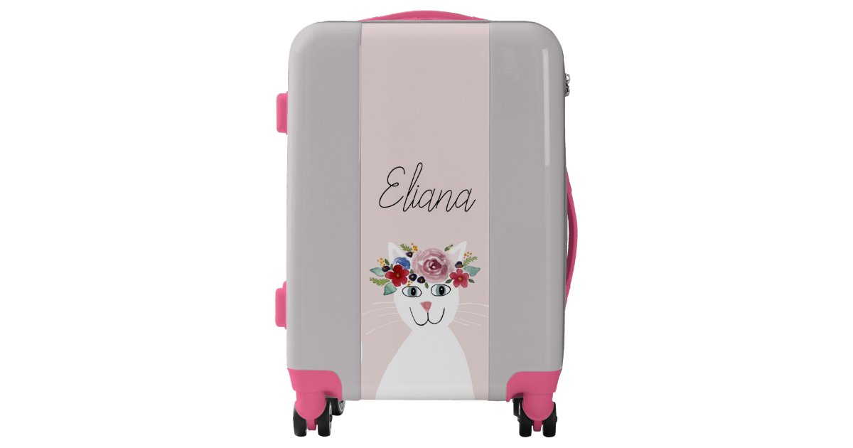 Cute White Cat With Flowers Name Kids Luggage Zazzle Com