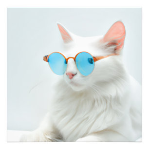 Cute white cat with glasses photo print