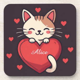 Cute White Cat with Heart Kawaii Kitty Love Design Beverage Coaster