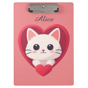 Cute White Cat with Heart Kawaii Kitty Love Design Clipboard