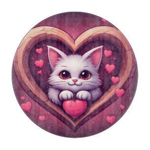 Cute White Cat with Heart Kawaii Kitty Love Design Cutting Board