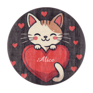 Cute White Cat with Heart Kawaii Kitty Love Design Cutting Board