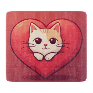 Cute White Cat with Heart Kawaii Kitty Love Design Cutting Board