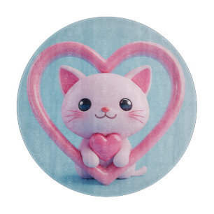 Cute White Cat with Heart Kawaii Kitty Love Design Cutting Board
