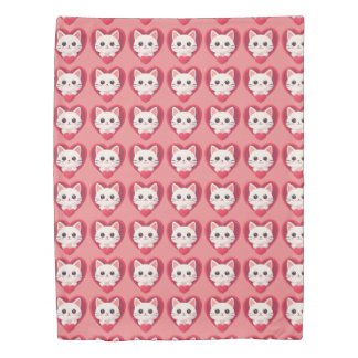 Cute White Cat with Heart Kawaii Kitty Love Design Duvet Cover