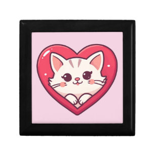 Cute White Cat with Heart Kawaii Kitty Love Design Gift Box