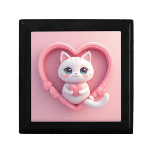 Cute White Cat with Heart Kawaii Kitty Love Design Gift Box