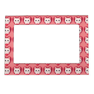 Cute White Cat with Heart Kawaii Kitty Love Design Magnetic Frame