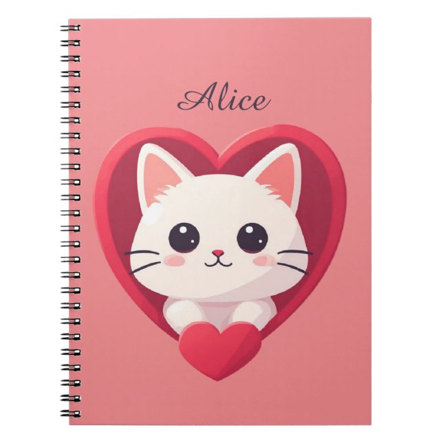 Cute White Cat with Heart Kawaii Kitty Love Design Notebook (Front)