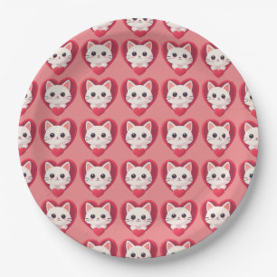Cute White Cat with Heart Kawaii Kitty Love Design Paper Plates