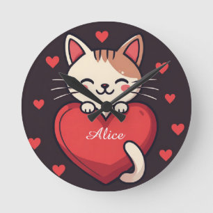 Cute White Cat with Heart Kawaii Kitty Love Design Round Clock
