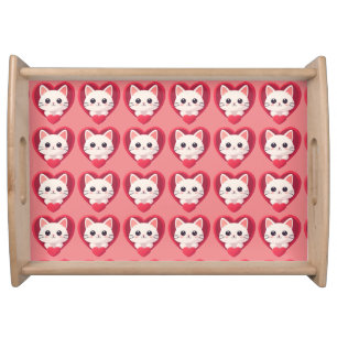Cute White Cat with Heart Kawaii Kitty Love Design Serving Tray