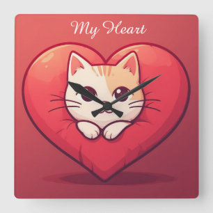 Cute White Cat with Heart Kawaii Kitty Love Design Square Wall Clock