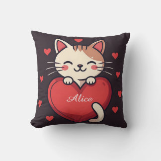 Cute White Cat with Heart Kawaii Kitty Love Design Throw Pillow