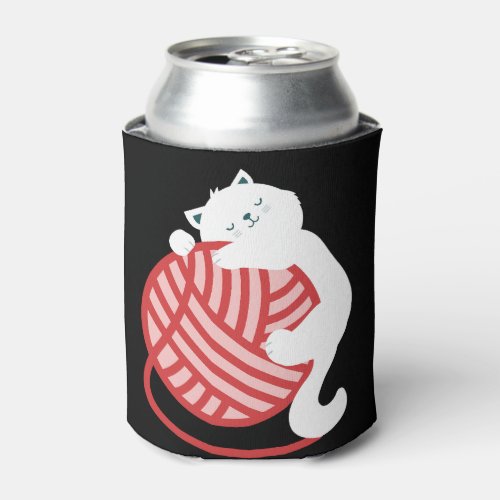 Cute white cat with yarn ball can cooler