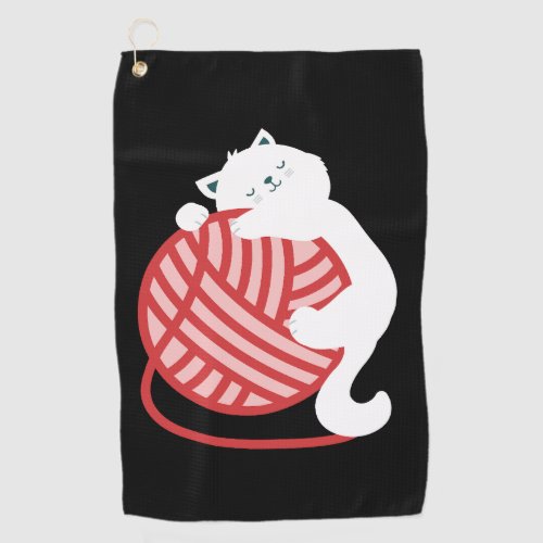 Cute white cat with yarn ball golf towel