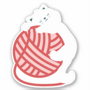 Cute white cat with yarn ball sticker