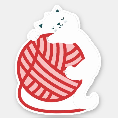 Cute white cat with yarn ball sticker