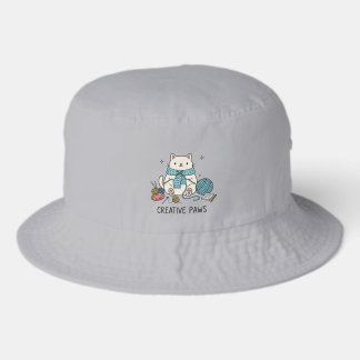 Cute White Cat Yarn Knitting Creative Paws Design Bucket Hat