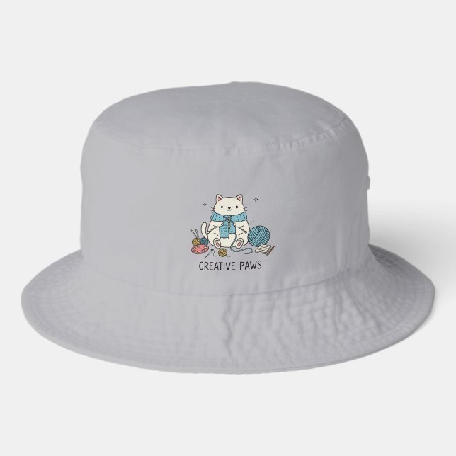 Cute White Cat Yarn Knitting Creative Paws Design Bucket Hat (Front)