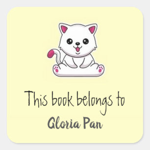 Cute white cat yellow square sticker