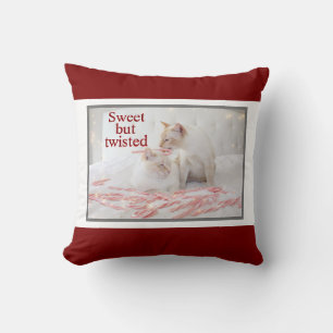Cute White Cats and Candy Canes Sweet But Twisted Throw Pillow