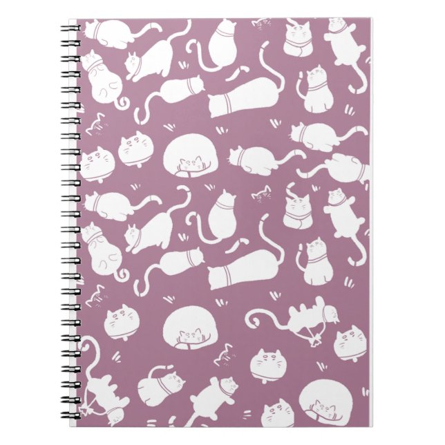 Cute White Cats Pattern on Mauve Background Notebook (Front)