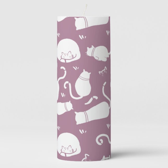 Cute White Cats Pattern on Mauve Background Pillar Candle (Front)