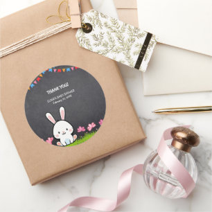 Cute White Chalkboard Bunny Baby Shower Classic Round Sticker