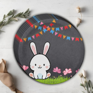 Cute White Chalkboard Bunny Baby Shower Paper Plates
