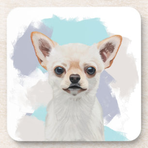 Cute White Chihuahua Dog Abstract Blue Background Beverage Coaster