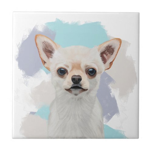 Cute White Chihuahua Dog Abstract Blue Background Ceramic Tile