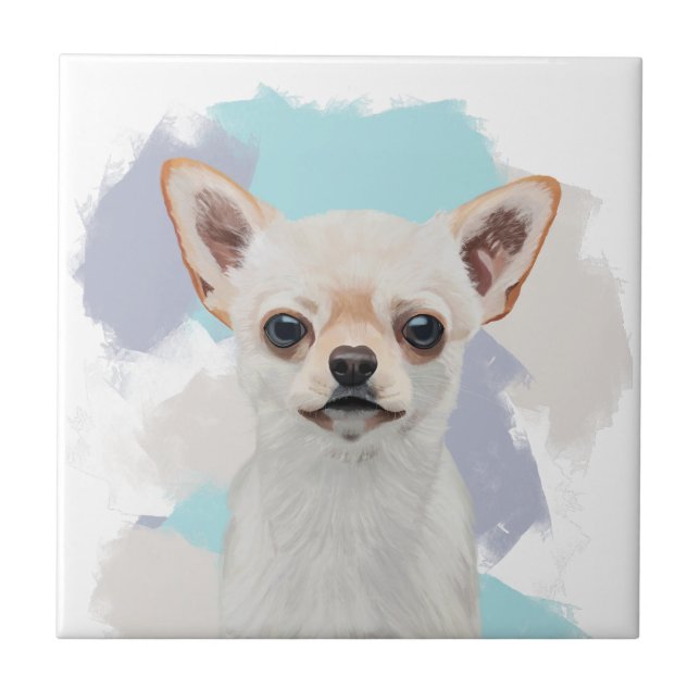 Cute White Chihuahua Dog Abstract Blue Background Ceramic Tile (Front)