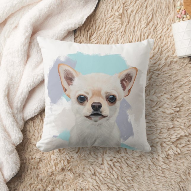 Cute White Chihuahua With Abstract Blue Background Throw Pillow (Blanket)
