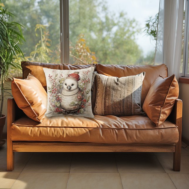 Cute White Christmas Bird Wearing Red Hat Throw Pillow (Creator Uploaded)