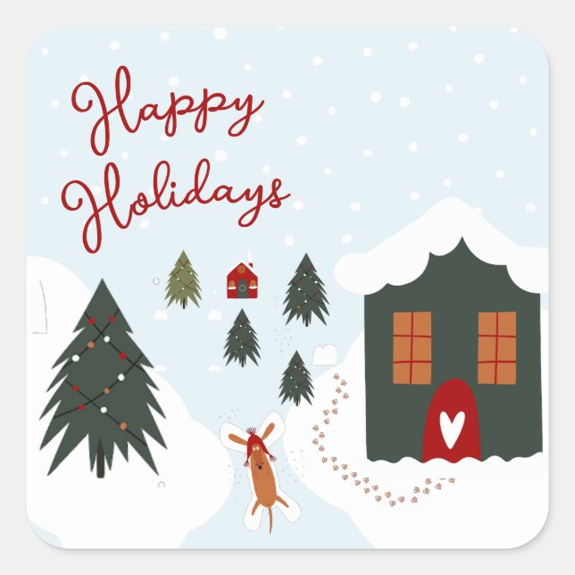 Cute White Christmas Dog Making Snow Angels Square Sticker (Front)