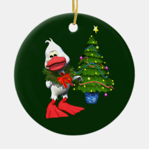 Cute White Christmas Duck Wearing a Wreath Ceramic Ornament